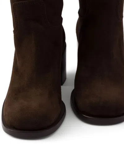 Prada Suede Block-heel Knee Boots In Brown