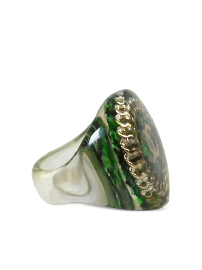 Pre-owned Chanel Cc Tweed Ring In Green