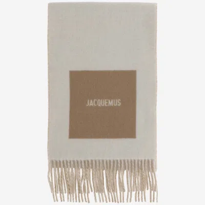 Shop Jacquemus Wool Scarf With Logo In Beige