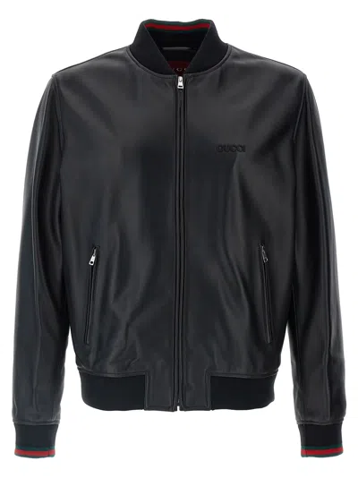 Gucci Black Bomber Jacket With Front Logo In Nappa Leather And Mesh Man In Animal Print