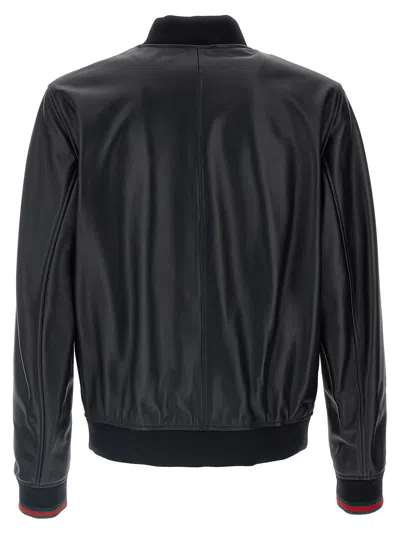 Gucci Black Bomber Jacket With Front Logo In Nappa Leather And Mesh Man In Animal Print