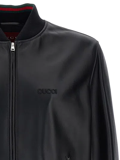 Gucci Black Bomber Jacket With Front Logo In Nappa Leather And Mesh Man In Animal Print