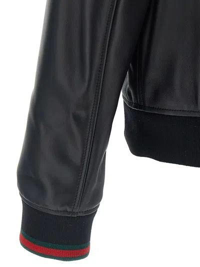 Gucci Black Bomber Jacket With Front Logo In Nappa Leather And Mesh Man In Animal Print