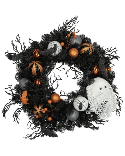 Northlight Ornaments And Ghost Halloween Twig Pine Wreath In Black