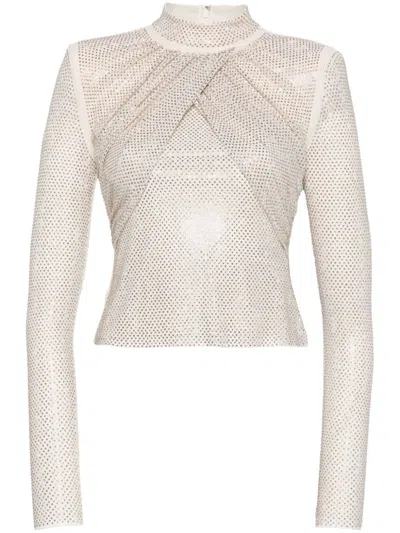 Shop Self-portrait Rhinestone Mesh Top In Neutrals