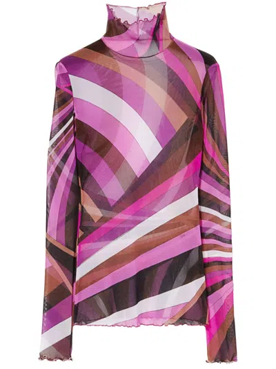 Pucci Printed Sheer Long Sleeve Top In Pink