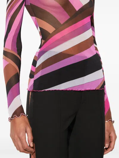 Pucci Printed Sheer Long Sleeve Top In Pink