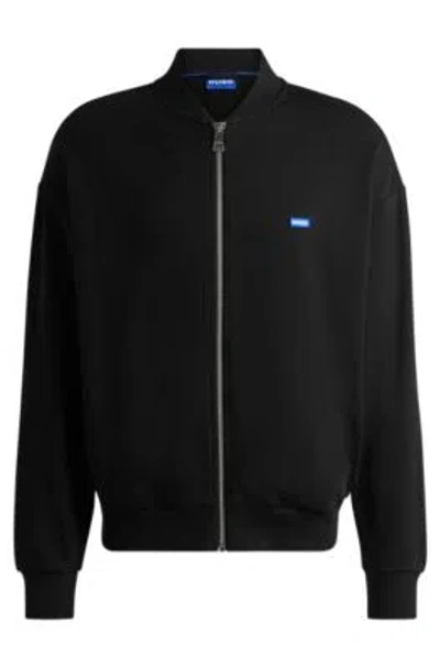Hugo Boss Cotton-terry Zip-up Sweatshirt With Blue Logo Label In Black