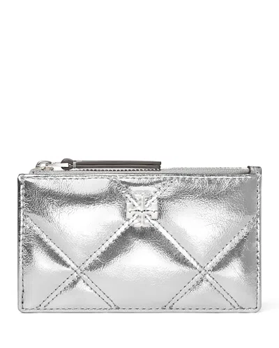 Shop Tory Burch Kira Metallic Diamond Quilt Zip Card Case In Silver