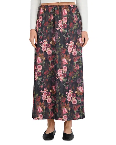 Point Satin Floral Print Maxi Skirt In Digital Roses