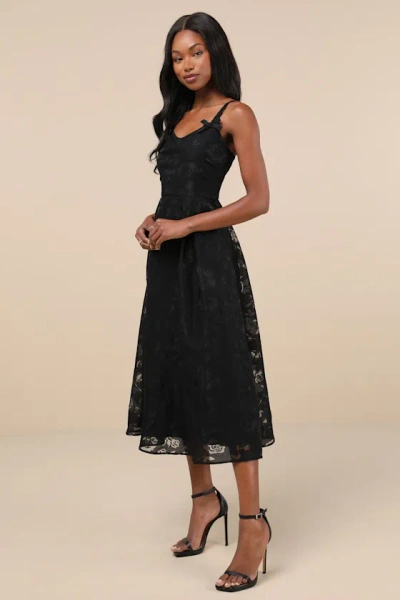 Lulus Flirtatious Crush Black Burnout Pleated Bow Midi Dress In Black