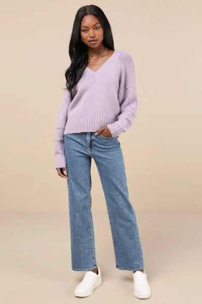 Lulus Trend Maker Lavender Pointelle Knit V-neck Sweater In Purple