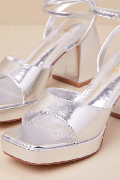 Lulus Shirine Silver Metallic Platform Ankle Strap Heels In Silver