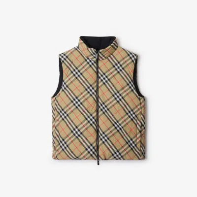 Burberry Beige Sleeveless Reversible Down Jacket With High Neck And All-over Check Motif In Tech Fabric Man In Neutral