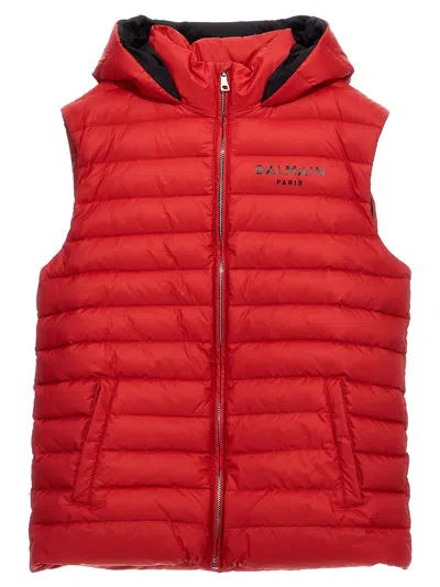 Balmain Long Logo Print Down Jacket In Red
