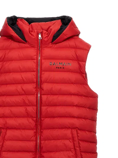 Balmain Long Logo Print Down Jacket In Red