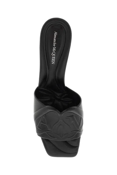 Alexander Mcqueen Black Slip-on Sandals With Embossed Logo In Padded Leather Woman In Black