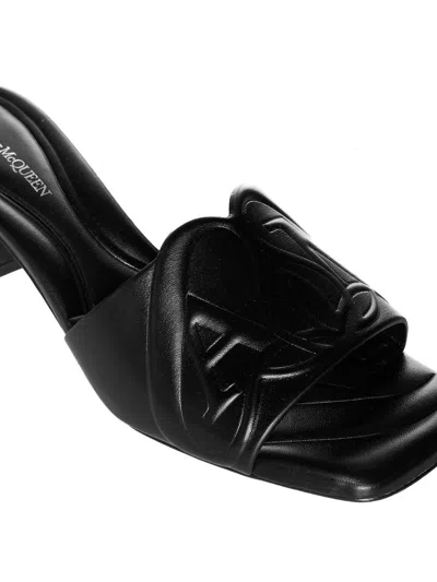 Alexander Mcqueen Black Slip-on Sandals With Embossed Logo In Padded Leather Woman In Black