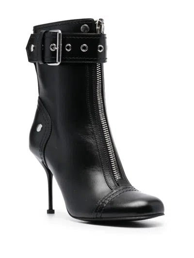 Alexander Mcqueen Heeled Biker Boots In Black+silver