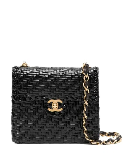 Pre-owned Chanel 2001 Wicker Flap Crossbody Bag In Black