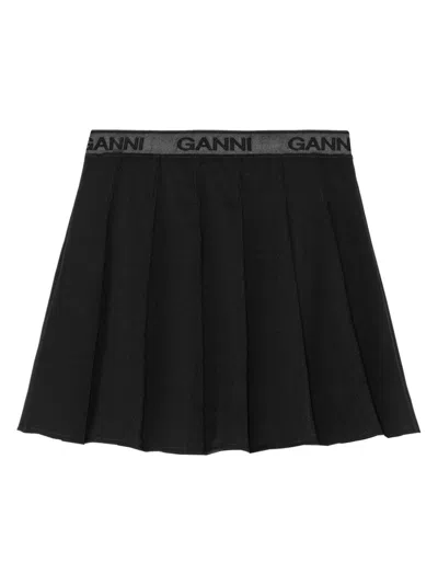Ganni Light Twill Pleated Mini Skirt In Black In Black