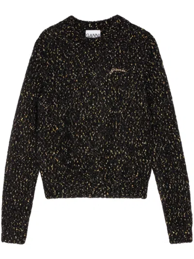 Ganni Embroidered-logo Speckled Sweater In Black