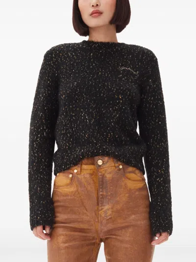 Ganni Embroidered-logo Speckled Sweater In Black