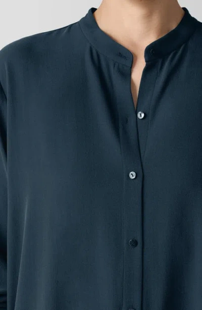 Shop Eileen Fisher Mandarin Collar Silk Button-up Shirt In Deep Adriatic