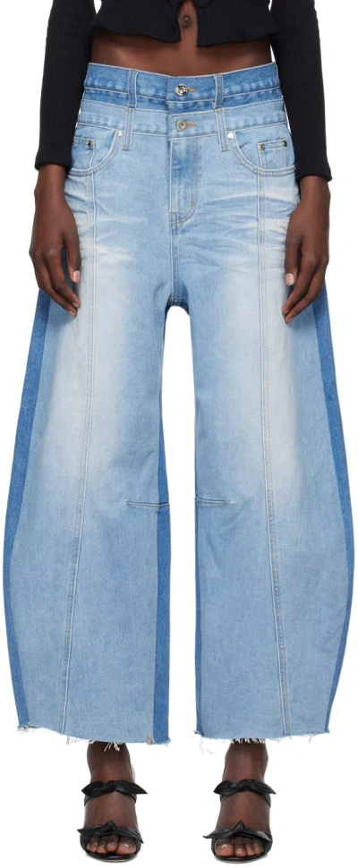 Shop Rokh Blue Balloon Shaped Layered Denim Jeans In 597lightblue