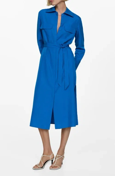 Mango Lyocell Shirt Dress With Bow Blue In Blue