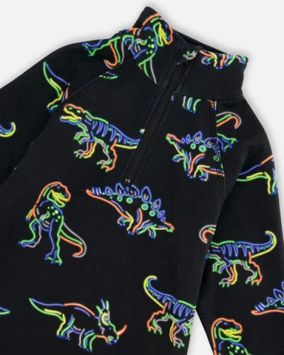 Shop Deux Par Deux Boy's Two Piece Thermal Underwear Set Black Printed Neon Dino In Printed Dinos