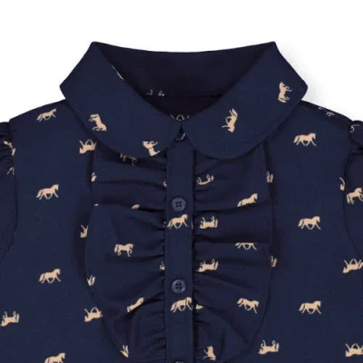 Hope & Henry Baby Girls' Ruffle Front Shirt With Puff Sleeves, Infant In Navy With Tan Horse Print