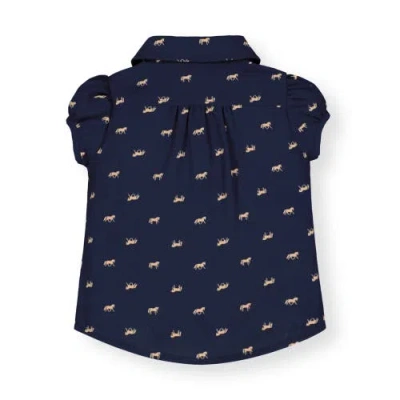 Hope & Henry Baby Girls' Ruffle Front Shirt With Puff Sleeves, Infant In Navy With Tan Horse Print