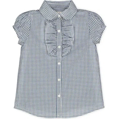 Hope & Henry Baby Girls' Ruffle Front Shirt With Puff Sleeves, Infant In Light Navy Micro Check
