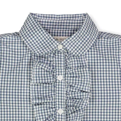 Hope & Henry Baby Girls' Ruffle Front Shirt With Puff Sleeves, Infant In Light Navy Micro Check