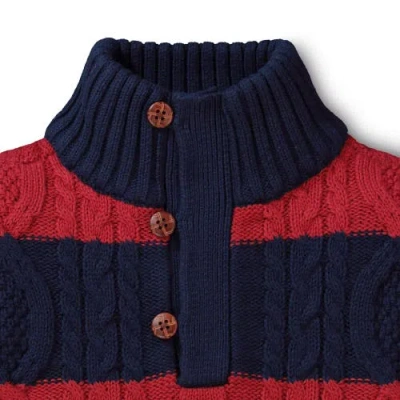 Hope & Henry Baby Boys' Organic Mock Neck Cable Sweater, Infant In Wide Red And Navy Stripe