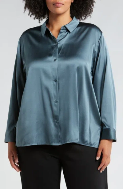 Shop Eileen Fisher Classic Collar Stretch Silk Button-up Shirt In Eucalyptus