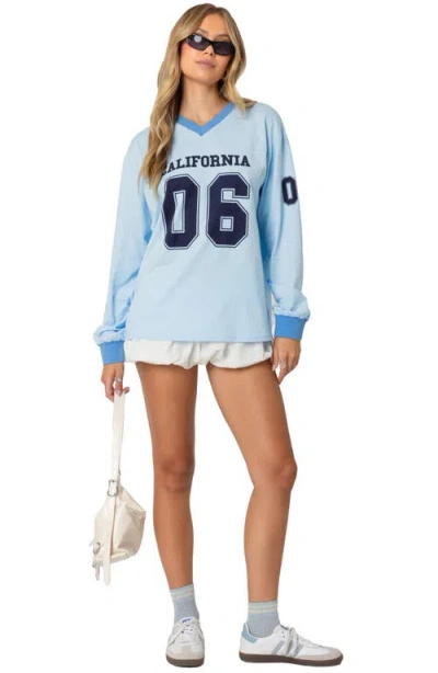 Edikted Cali 06 Oversize Long Sleeve Cotton Graphic Football T-shirt In Light-blue