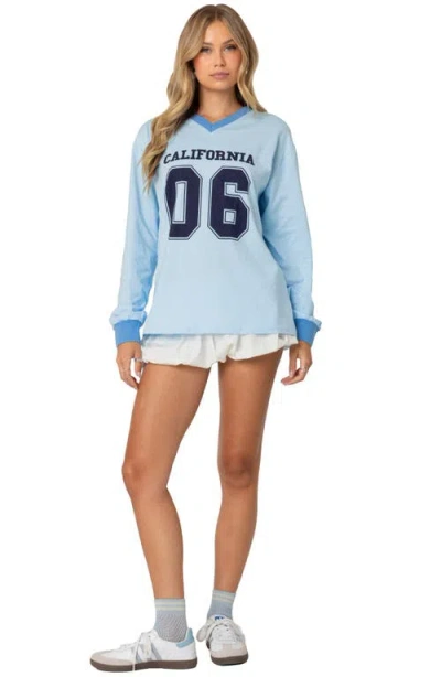 Edikted Cali 06 Oversize Long Sleeve Cotton Graphic Football T-shirt In Light-blue