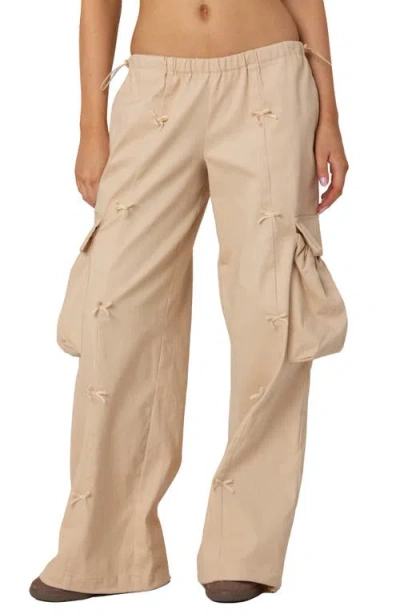 Edikted Bow Trim Cargo Parachute Pants In Beige