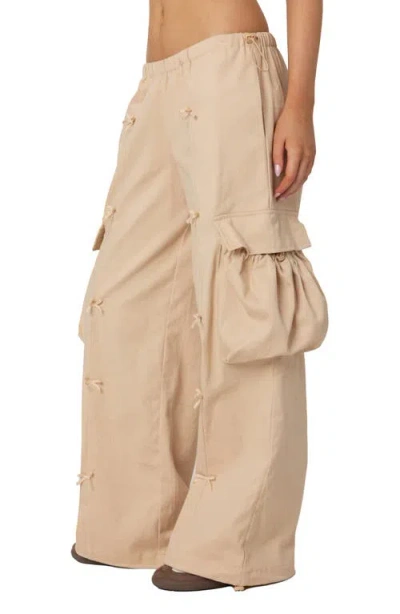 Edikted Bow Trim Cargo Parachute Pants In Beige