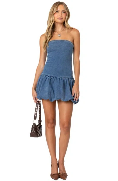 Edikted Strapless Bubble Hem Denim Minidress In Blue-washed