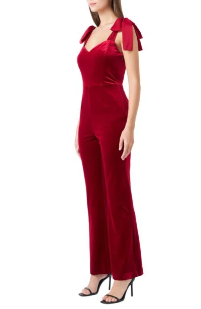 Shop Endless Rose Bow Strap Sweetheart Neck Velvet Jumpsuit In Red