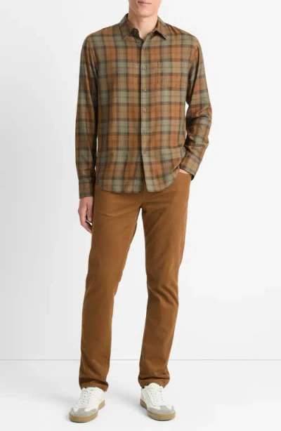 Vince Castaic Cotton Blend Plaid Button Down Shirt In Surplus Olive/vicuna