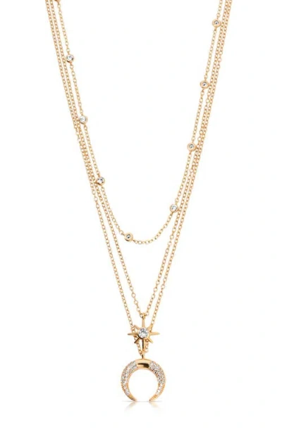 Ettika Crystal Horn Triple Chain Necklace In Gold
