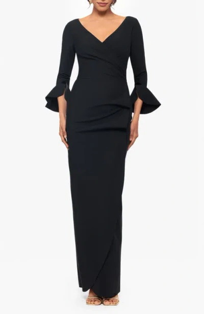 Betsy & Adam Petites V-neck Scuba Long Sheath Dress In Black
