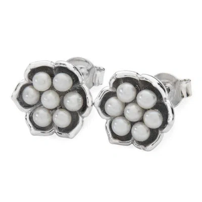 Lucy Quartermaine Royal Pearl Flower Studs In Sterling Silver