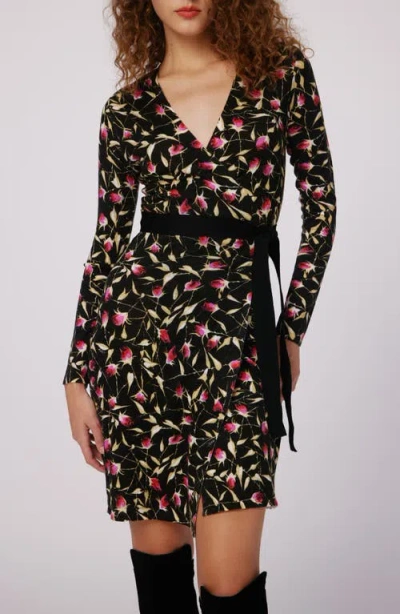 Shop Dvf Luella Floral Print Long Sleeve Merino Wool Wrap Dress In Rockn Rose