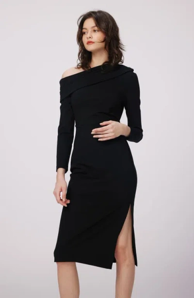 Shop Dvf Buffy One-shoulder Long Sleeve Dress In Black