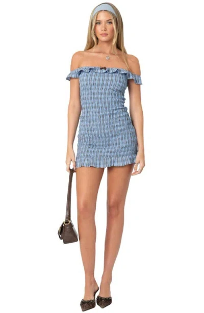 Shop Edikted Plaid Off The Shoulder Minidress In Blue